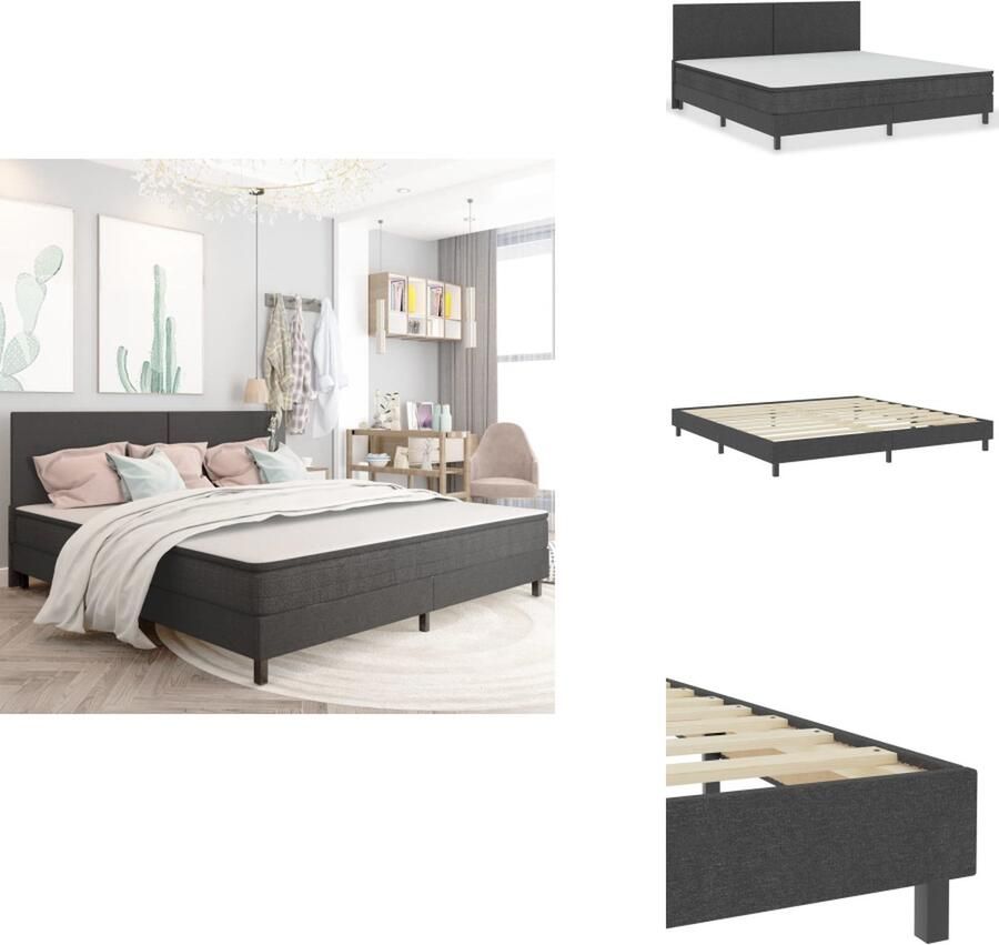 VidaXL Boxspring Bedframe Afmetingen- 201 x 200.5 x 116 cm Kleur- donkergrijs Materiaal- stof (100% polyester) MDF en metaal Veermatras- Afmetingen- 200 x 200 x 20 cm Met topmatras Montage vereist Bed