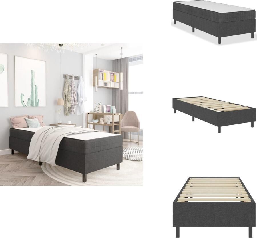 VidaXL Boxspring Bedframe 201 x 80.5 x 24.5 cm MDF-metaal-stof Veermatras 200 x 80 x 20 cm wit-donkergrijs Montage vereist Bed