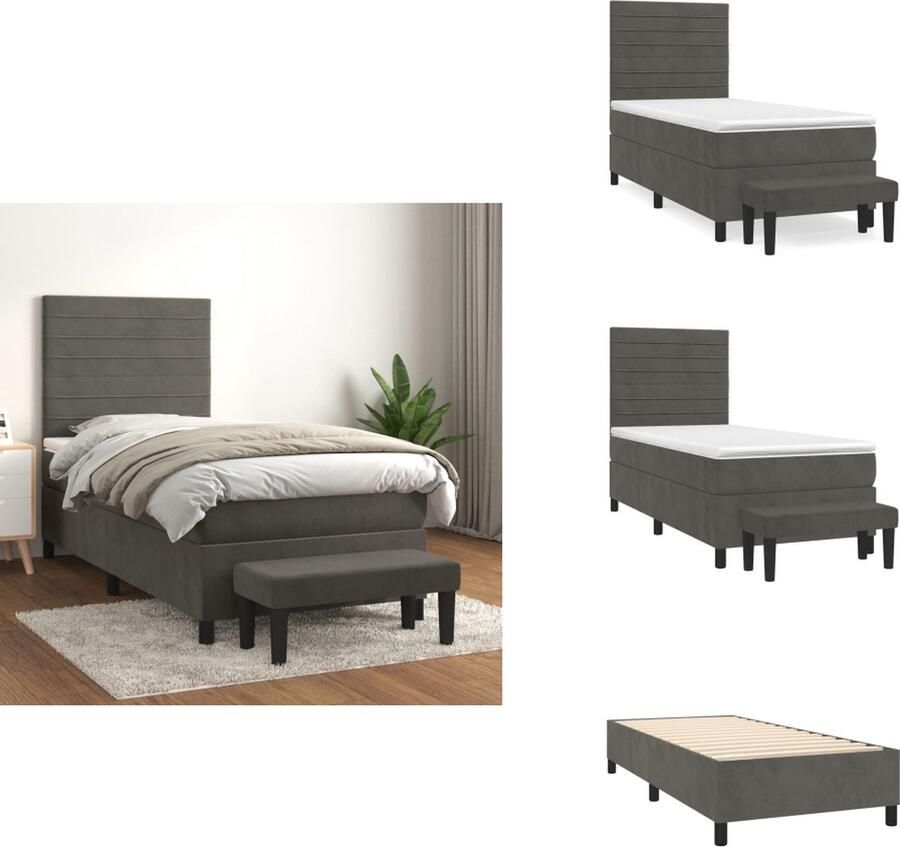 VidaXL Boxspringbed fluweel verstelbaar hoofdbord pocketvering middelharde ondersteuning huidvriendelijk donkergrijs 203x100x118 128cm Bed