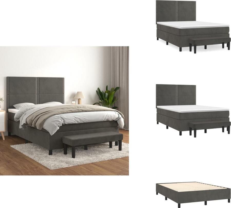 VidaXL Boxspringbed Zacht Fluweel Kleur- Donkergrijs Afmetingen- 193 x 144 x 118 128 cm Met Praktisch Hoofdbord Pocketvering Matras Middelharde Ondersteuning Huidvriendelijk Topmatras Multifunctioneel Bankje 100% Polyester Bed - Foto 3