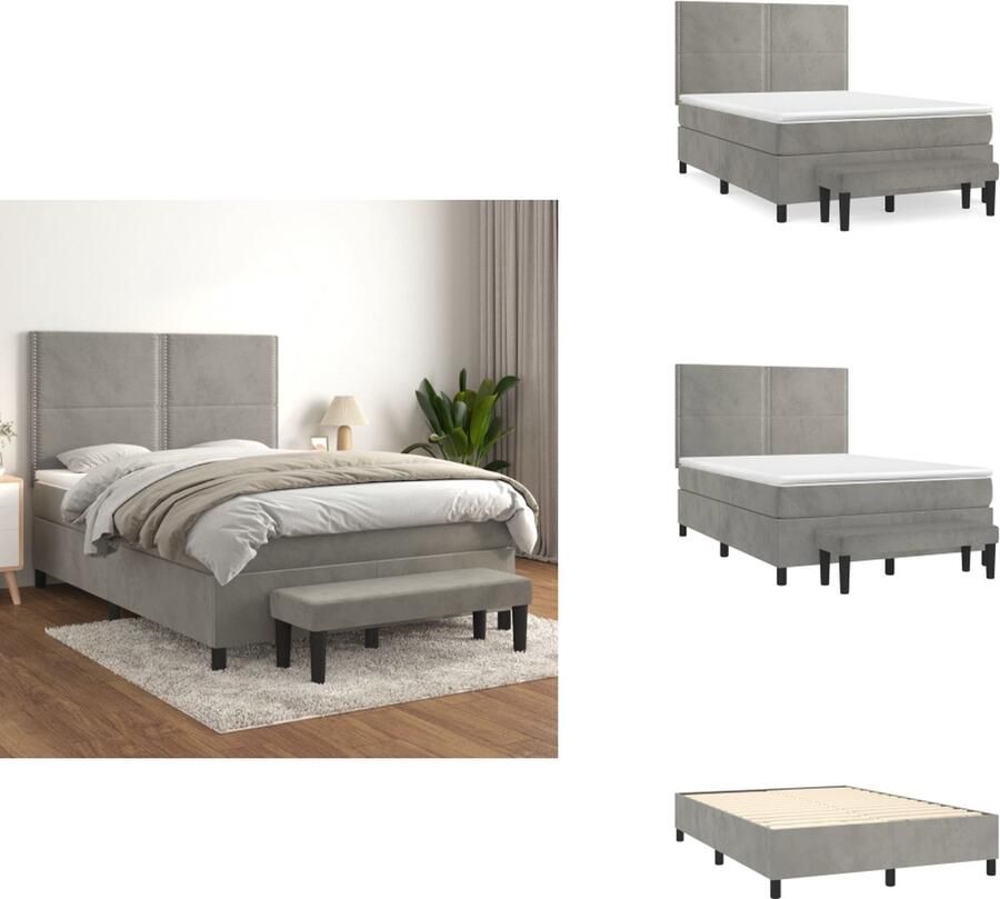 VidaXL Boxspringbed Zacht fluweel Praktisch hoofdbord Pocketvering matras Middelharde ondersteuning Huidvriendelijk topmatras Multifunctioneel bankje Lichtgrijs 203x144x118 128cm 140x200x20cm 140x200x5cm 100x30x30cm Bed