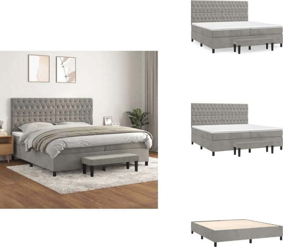 VidaXL Boxspringbed Zacht fluweel Praktisch hoofdbord Pocketvering matras Middelharde ondersteuning Huidvriendelijk topmatras Multifunctioneel bankje Lichtgrijs 203x200x118 128 cm 100x200x20 cm 200x200x5 cm 100x30x30 cm Bed