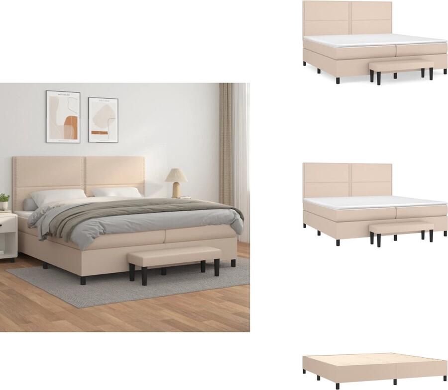 VidaXL Boxspringbed Cappuccino Kunstleer 203x200x118 128 cm Verstelbaar hoofdbord Pocketvering matras Middelharde ondersteuning Huidvriendelijk topmatras Multifunctioneel bankje Bed