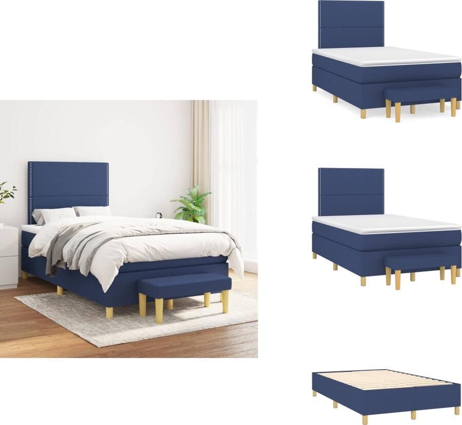 VidaXL Boxspringbed Blauw 203 x 120 x 118 128 cm Duurzaam Verstelbaar hoofdbord Pocketvering matras Middelharde ondersteuning Huidvriendelijk topmatras Multifunctioneel bankje Inclusief montagehandleiding Bed - Foto 1