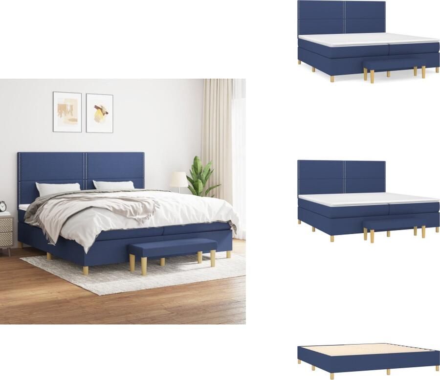 VidaXL Boxspringbed Blauw 203 x 200 x 118 128 cm Duurzaam en comfortabel Verstelbaar hoofdbord Pocketvering matras Middelharde ondersteuning Huidvriendelijk topmatras Multifunctioneel bankje Inclusief montagehandleiding Bed