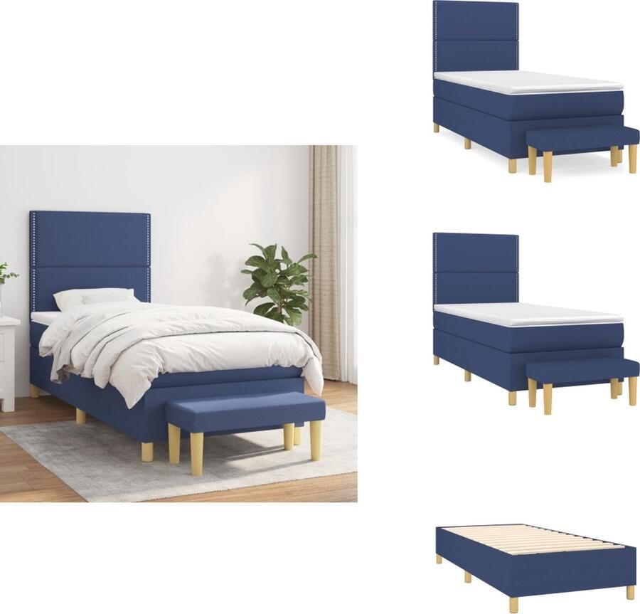 VidaXL Boxspringbed Blauw 203 x 100 x 118 128 cm Duurzaam materiaal Verstelbaar hoofdbord Pocketvering matras Middelharde ondersteuning Huidvriendelijk topmatras Multifunctioneel bankje Bed