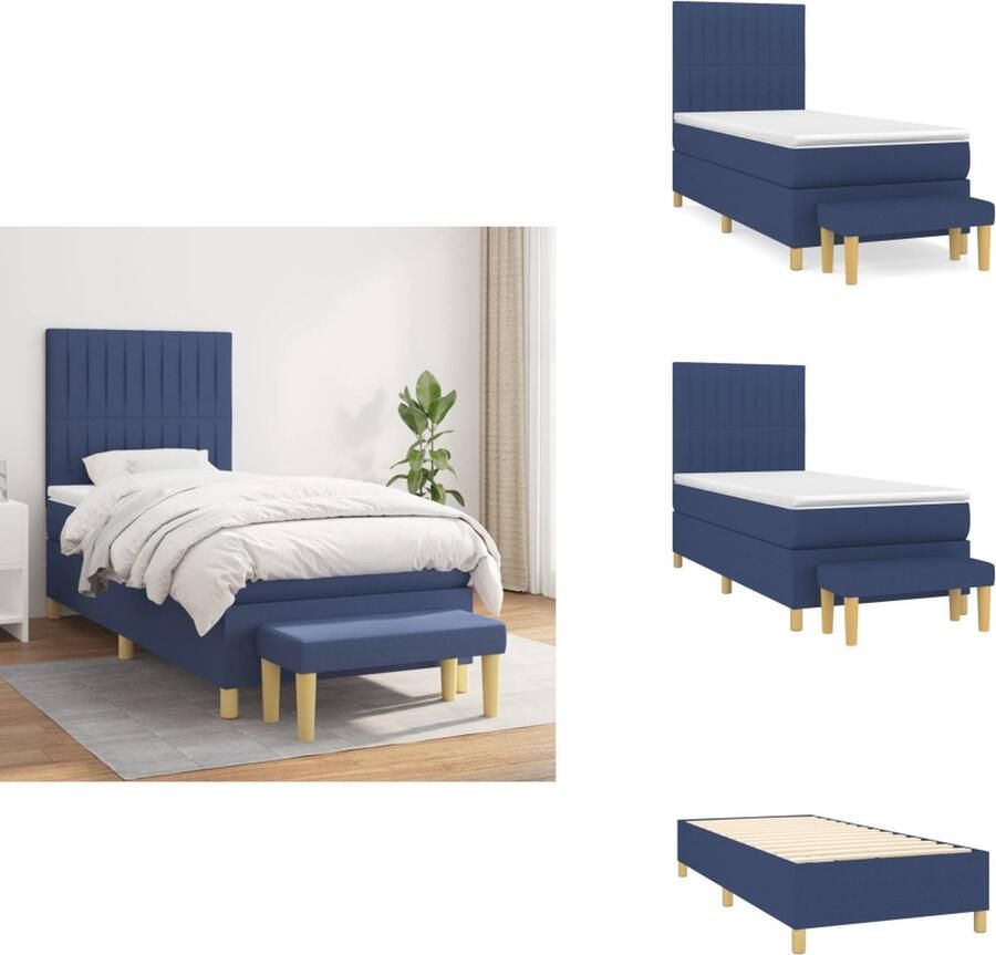 VidaXL Boxspringbed Blauwe stof 193x90x118 128 cm Duurzaam materiaal Verstelbaar hoofdbord Pocketvering matras Middelharde ondersteuning Huidvriendelijk topmatras Multifunctioneel bankje Inclusief montagehandleiding Bed