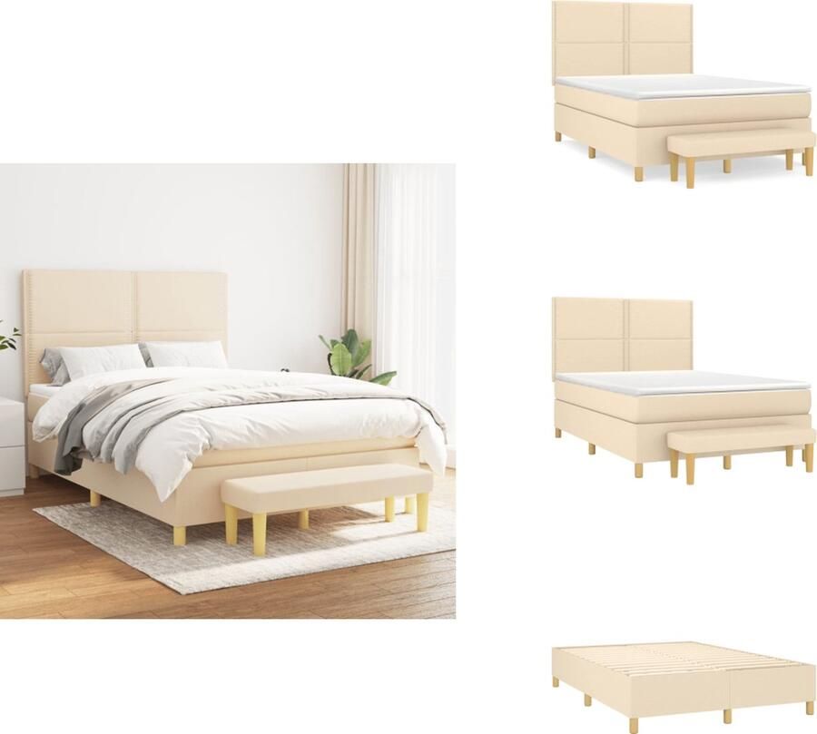 VidaXL Boxspring Bed Crème 193 x 144 x 118 128 cm Duurzaam materiaal Verstelbaar hoofdbord Pocketvering matras Middelharde ondersteuning Huidvriendelijk topmatras Multifunctioneel bankje Bed