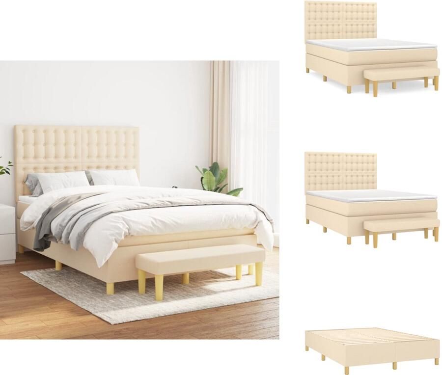 VidaXL Boxspring Bed Crème 193 x 144 x 118 128 cm Duurzaam materiaal Verstelbaar hoofdbord Pocketvering matras Middelharde ondersteuning Huidvriendelijk topmatras Multifunctioneel bankje Bed - Foto 2