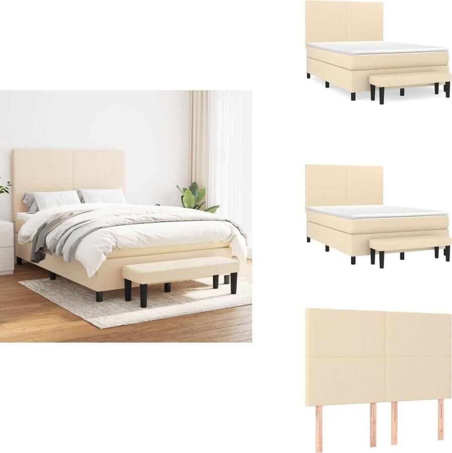 VidaXL Boxspringbed Crème 203x144x118 128 cm Duurzaam materiaal Verstelbaar hoofdbord Pocketvering matras Middelharde ondersteuning Huidvriendelijk topmatras Multifunctioneel bankje Bed