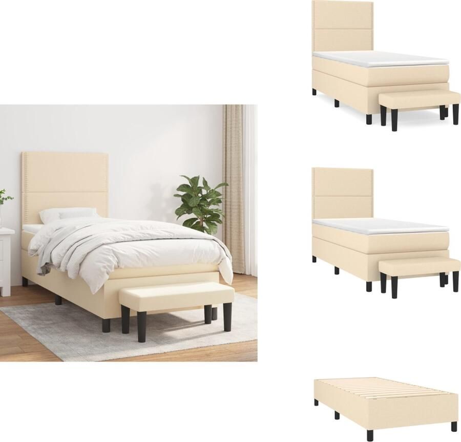 VidaXL Boxspringbed Crème 193 x 90 x 118 128 cm Met verstelbaar hoofdbord Middelharde ondersteuning Pocketvering matras Huidvriendelijk topmatras Multifunctioneel bankje Bed