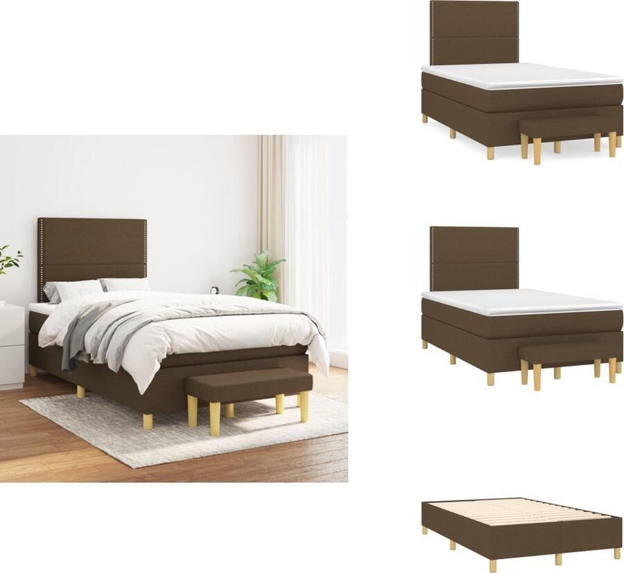 VidaXL Boxspringbed Donkerbruin 203 x 120 x 118 128 cm Met verstelbaar hoofdbord en pocketvering matras Middelharde ondersteuning Huidvriendelijk topmatras Multifunctioneel bankje Bed
