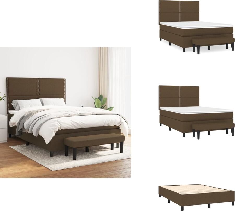 VidaXL Boxspringbed Bed 193 x 144 x 118 128 cm Donkerbruin Stof Duurzaam Verstelbaar hoofdbord Pocketvering matras Middelharde ondersteuning Huidvriendelijk topmatras Multifunctioneel bankje Incl montagehandleiding Bed - Foto 2