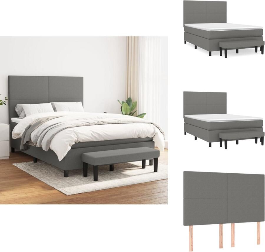 VidaXL Boxspringbed Rustgevende Nachtrust 203 x 144 x 118 128 cm Donkergrijs Duurzaam Materiaal Verstelbaar Hoofdbord Pocketvering Matras Middelharde Ondersteuning Huidvriendelijk Topmatras Multifunctioneel Bankje Bed