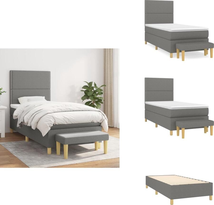 VidaXL Boxspringbed Donkergrijs 203 x 83 x 118 128 cm Duurzaam materiaal verstelbaar hoofdbord pocketvering matras medium hardheid huidvriendelijk topmatras multifunctioneel bankje Bed