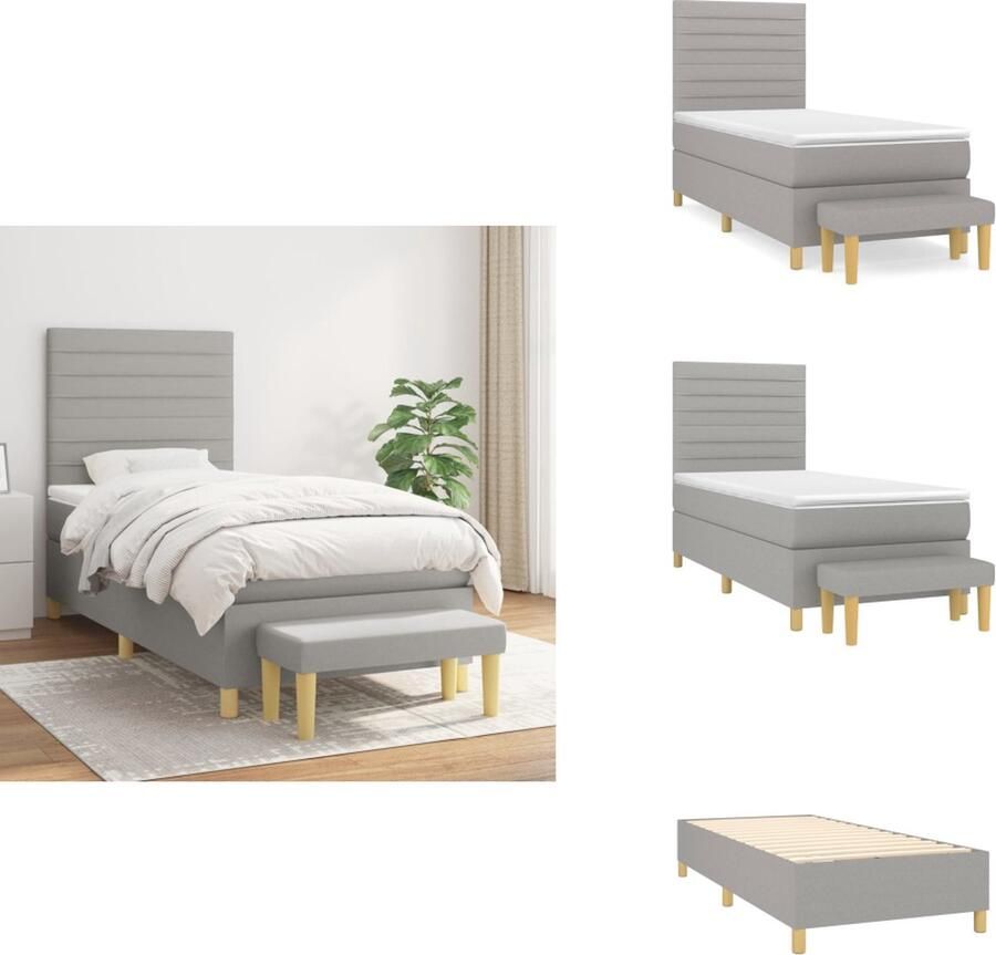 VidaXL Boxspringbed Pocketvering 203x100x118 128 cm Lichtgrijs Ademend en duurzaam Verstelbaar hoofdbord Geschikt voor rug- en buikslapers Inclusief matras en topmatras Te gebruiken als bankje Bed