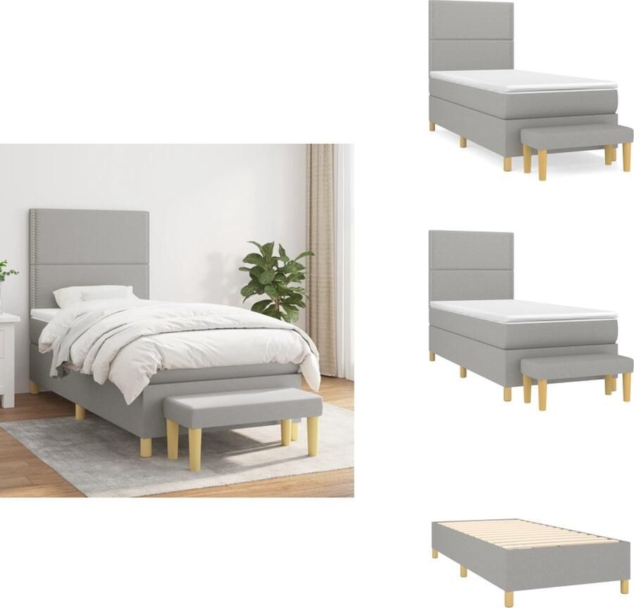 VidaXL Boxspringbed HybriDuo 90 x 190 cm Lichtgrijs Duurzaam materiaal Praktisch hoofdbord Comfortabele ondersteuning Pocketvering matras Middelharde ondersteuning Huidvriendelijk topmatras Multifunctioneel bankje Bed