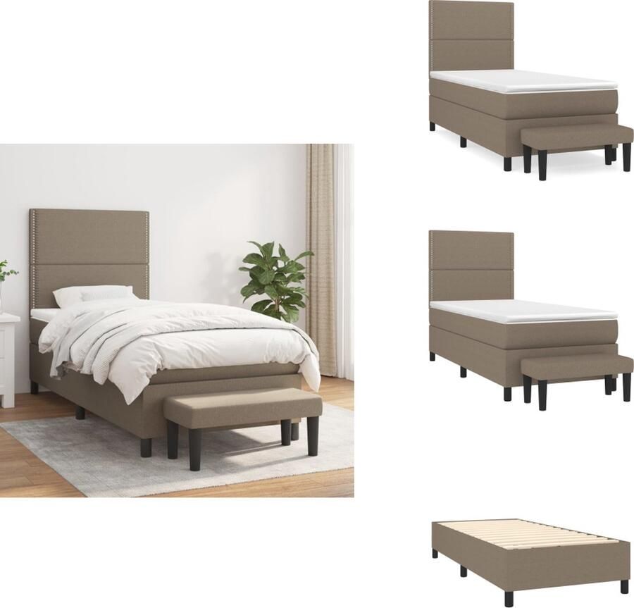 VidaXL Boxspringbed naam Bed 203x100x118 128 cm Kleur- Taupe Pocketvering matras Middelharde ondersteuning Huidvriendelijk topmatras Inclusief bankje Bed