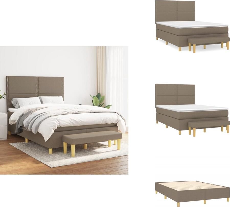 VidaXL Boxspringbed Comfortabele pocketvering Middelharde ondersteuning Duurzaam materiaal Verstelbaar hoofdbord Huidvriendelijk topmatras Multifunctioneel bankje Kleur- taupe Afmetingen- 203 x 144 x 118 128 cm (L x B x H) Bed - Foto 3