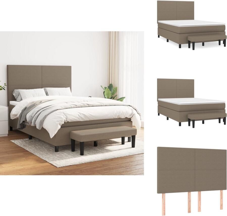VidaXL Boxspringbed Comfortabele pocketvering Middelharde ondersteuning Duurzaam materiaal Verstelbaar hoofdbord Huidvriendelijk topmatras Multifunctioneel bankje Kleur- taupe Afmetingen- 203 x 144 x 118 128 cm (L x B x H) Bed