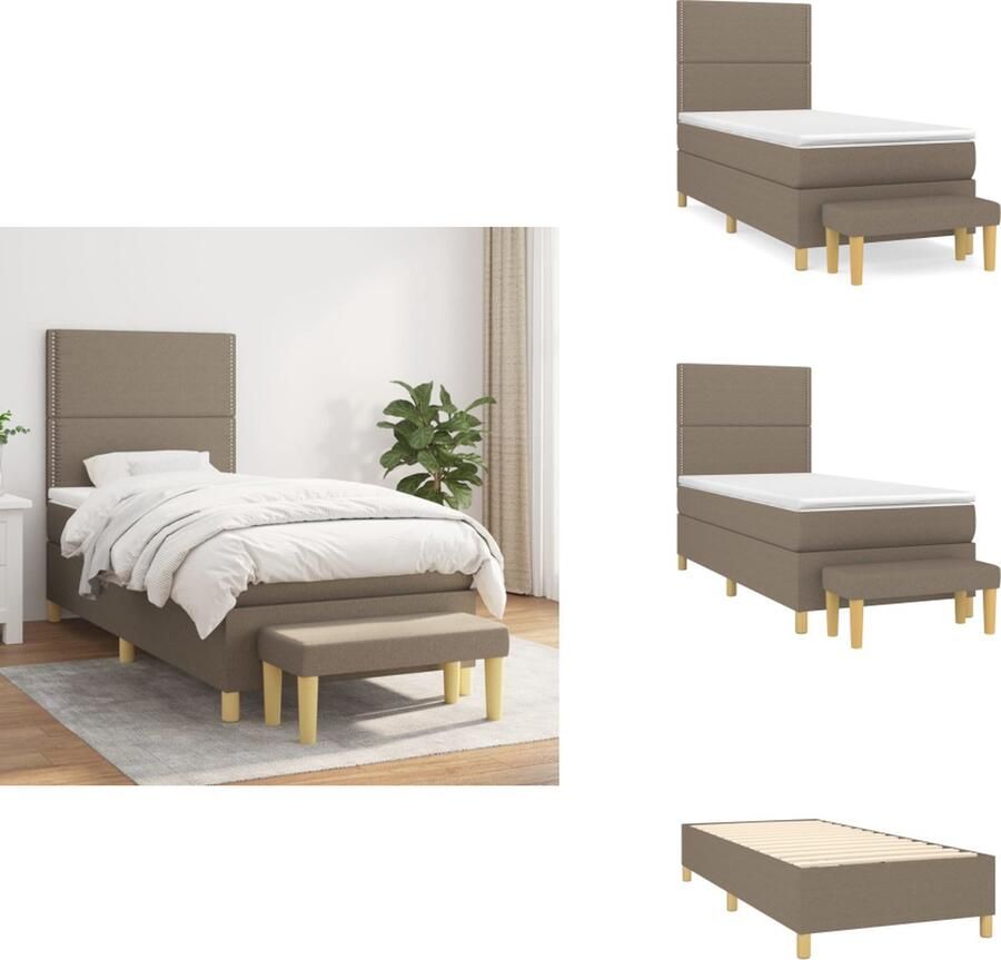 VidaXL Boxspringbed Pocketvering Matras Middelharde Ondersteuning Huidvriendelijk Topmatras Multifunctioneel Bankje Kleur Taupe Afmetingen 193 x 90 x 118 128 cm Inclusief Montagehandleiding Bed - Foto 3
