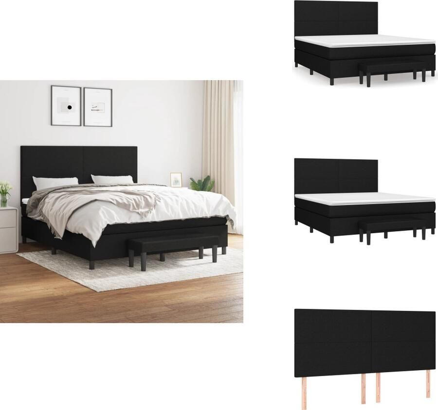 VidaXL Boxspringbed Zwarte stoffen bekleding 203 x 160 x 118 128 cm (LxBxH) Verstelbaar hoofdbord Pocketvering matras Middelharde ondersteuning Huidvriendelijk topmatras Multifunctioneel bankje Inclusief montagehandleiding Bed