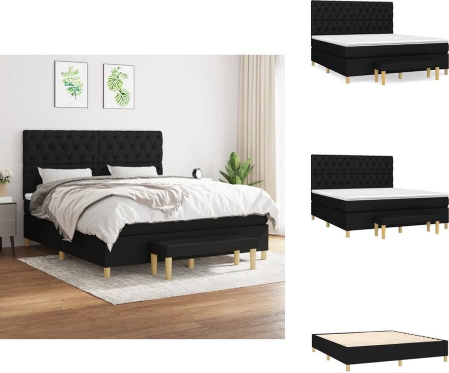 VidaXL Boxspringbed Zwarte stoffen bekleding 203 x 160 x 118 128 cm (LxBxH) Verstelbaar hoofdbord Pocketvering matras Middelharde ondersteuning Huidvriendelijk topmatras Multifunctioneel bankje Inclusief montagehandleiding Bed - Foto 2