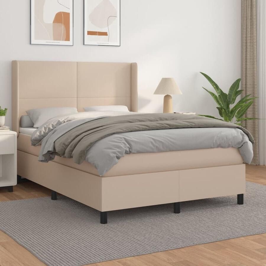 VidaXL Boxspring Kunstleer Cappuccino 140x200 cm Boxspringbed Slaapcomfort Kapstok Bedroom Furniture Bruine Bank Lederlook - Foto 2