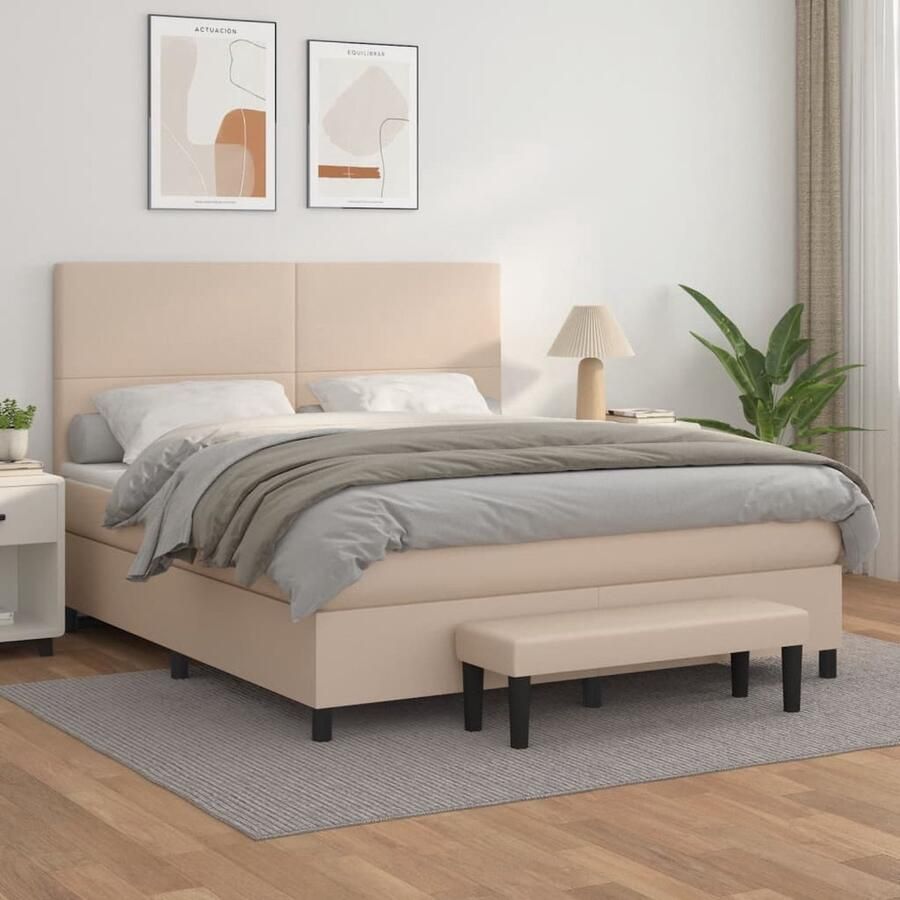 VidaXL Boxspring Cappuccino 180x200 cm Inclusief Matras Boxspringbed Boxspring Bed Frame Kapstok Lederlook Multifunctionele Bank Pocketed Veren Middelhard Matras Adjustable Headboard Bedroom Furniture - Foto 2