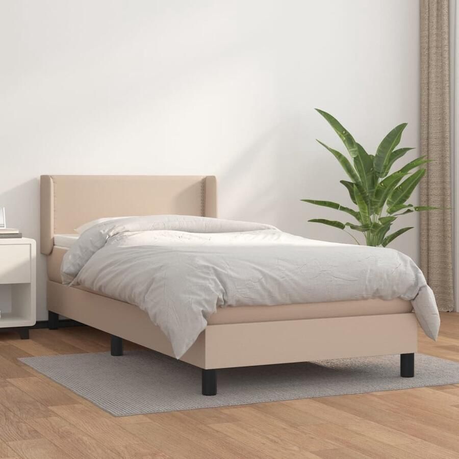VidaXL Boxspring Cappuccino Kunstleer 100x200 cm Boxspring Slaapcomfort Kunstleder Pocketvering Hoofdboard Bruine Kleur Dubbelbed - Foto 3