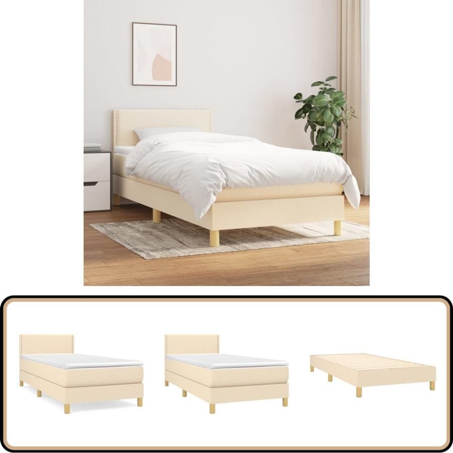 VidaXL Boxspring Crème 100x200 cm Inclusief Matras Boxspringbed Boxspring Creme Kleur Tweepersoonsbed Verstelbare Hoofdbord Pocketvering Matras Middelhard Matras Slaapkamer Meubels