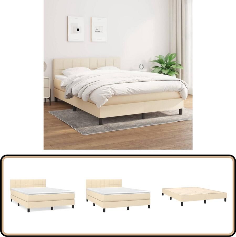 VidaXL Boxspring Crème 140x190 cm Inclusief Matras Boxspringbed Slaapcomfort Luxe Bed Pocketed Veren Matras Middenhard Matras Creme Kleur