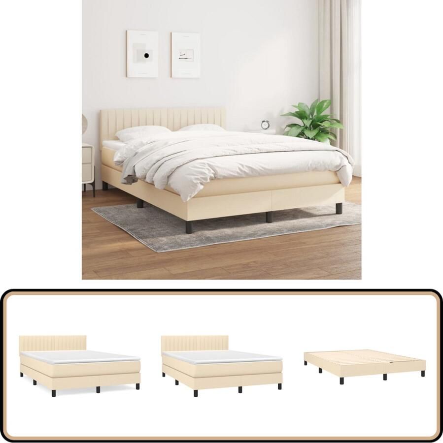 VidaXL Boxspring met Matras Crème 140x190 cm Boxspringbed Boxspring Pocketvering Matras Bed Creme Kleur Tweepersoonsbed Stapelbare Bedden Houten Bed Frame