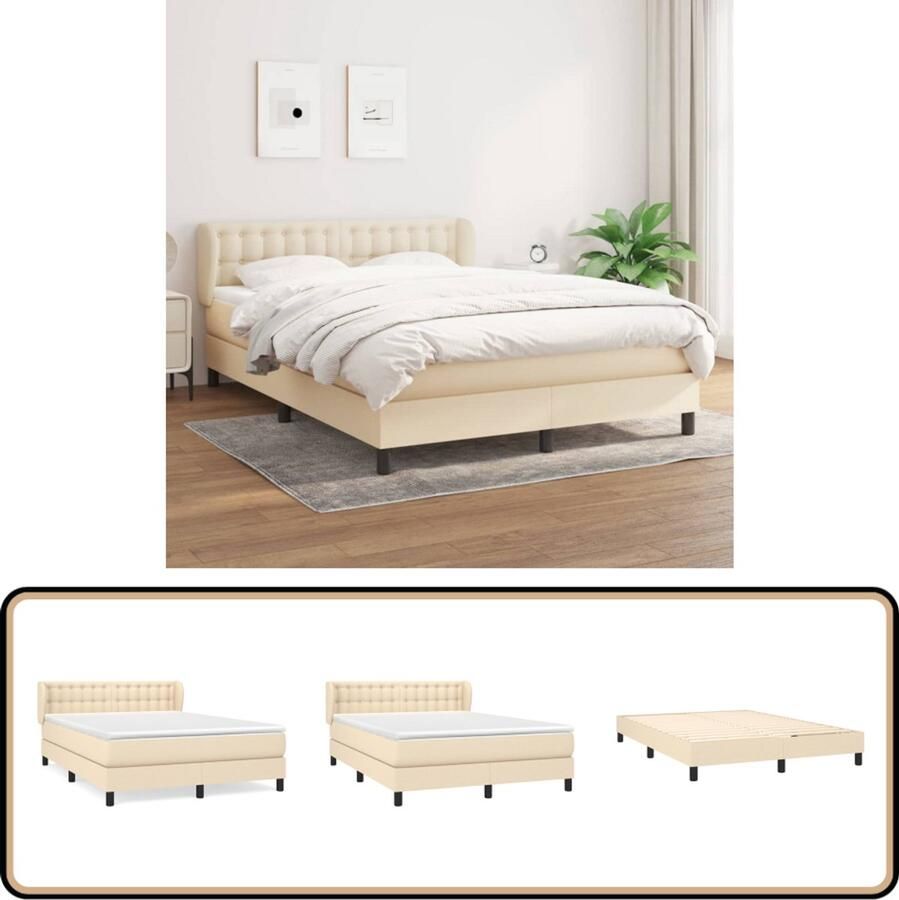 VidaXL Boxspring Crème 140x200 cm Inclusief Matras Boxspringbed Boxsprings Creme Kleurig Bed Tweepersoonsbed Pocketed Veren Matras Lederlook Bed Stapelbare Bedden Frame Bed Hoofdbord