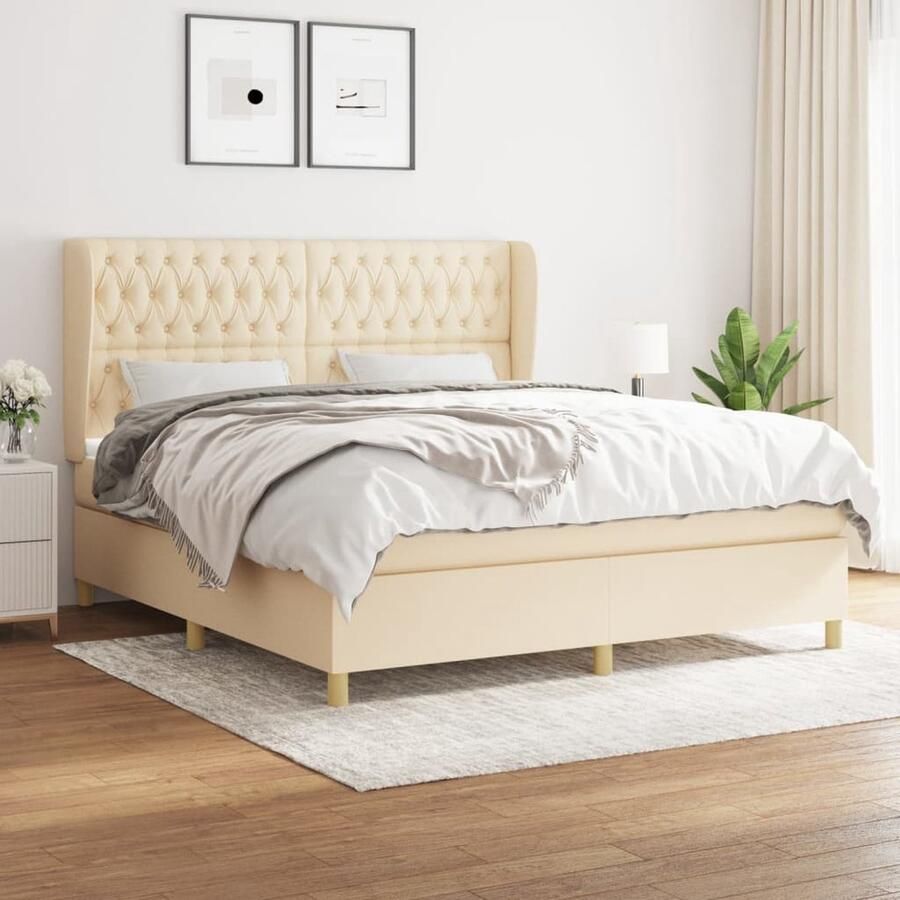 VidaXL Boxspring Crème 180x200 cm Inclusief Matras Boxspringbed Boxspring Bed Slaapkamerinrichting Tweepersoonsbed Creme Kleurig Bed Pocketed Veermatras Verstelbare Hoofdbord
