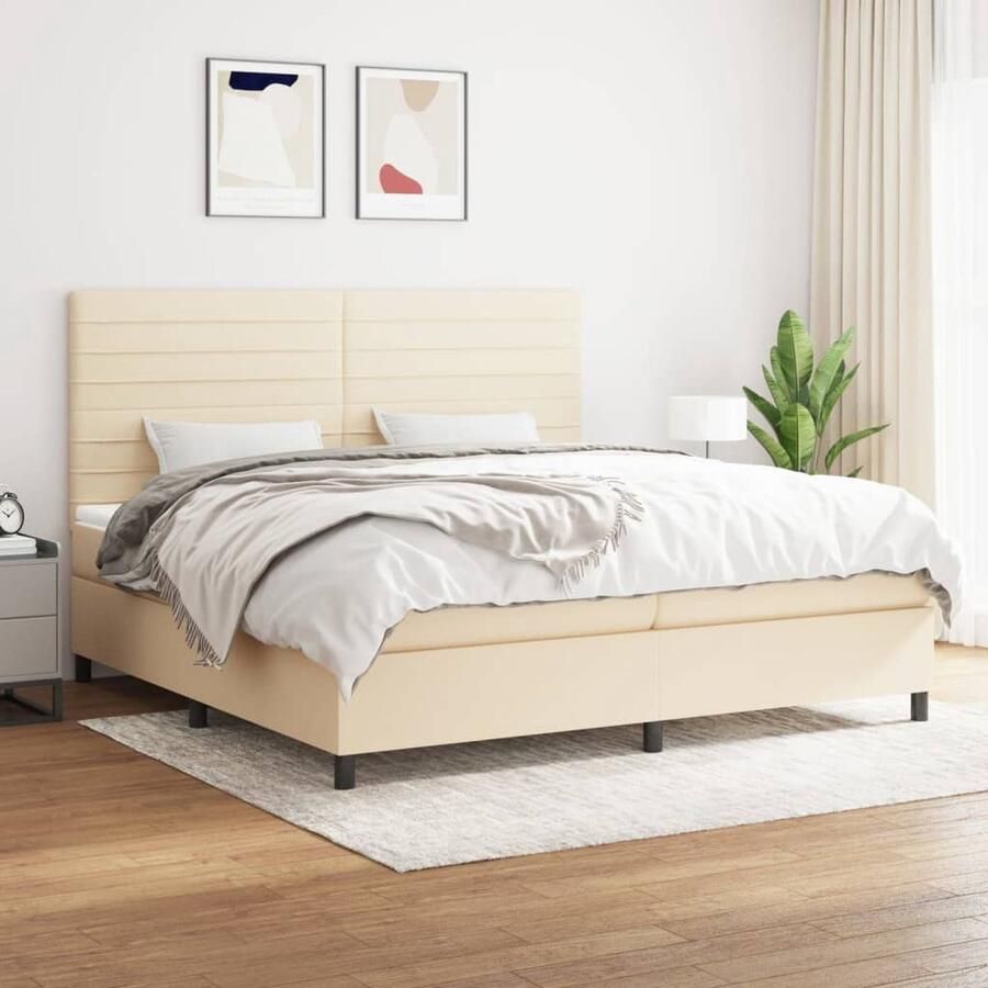 VidaXL Boxspring Crème 200x200 cm Inclusief matrassen Boxspringbed Slaapcomfort Pocketveermatras Crèmekleurig Hoofdboard Middelduur Stof - Foto 3