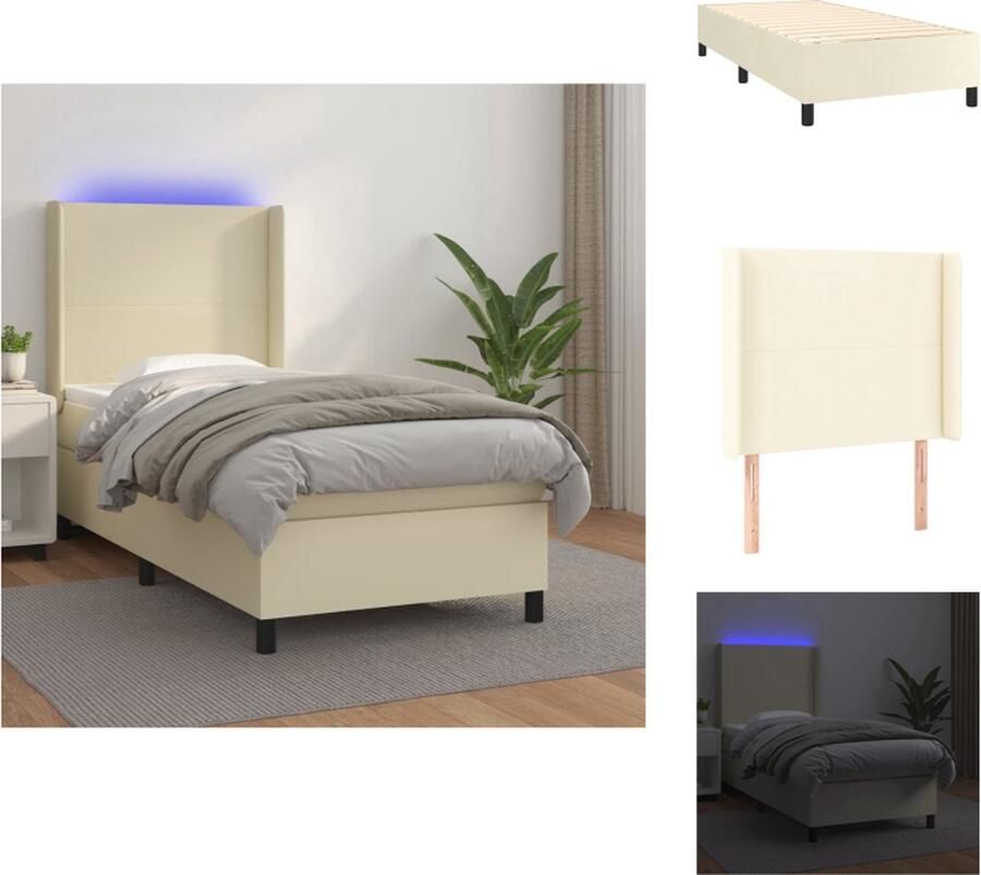 VidaXL Boxspring Crème 203 x 103 x 118 128 cm Hoogwaardig kunstleer Verstelbaar hoofdbord Kleurrijke LED-verlichting Pocketvering matras Huidvriendelijk topmatras Inclusief montagehandleiding Bed