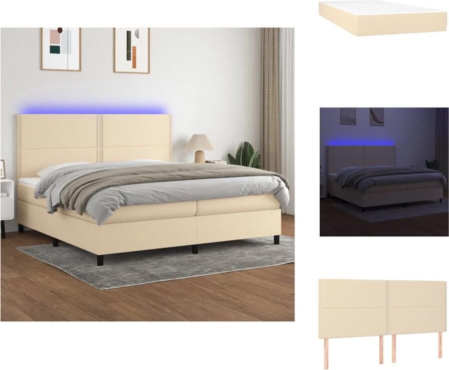 VidaXL Boxspring Bed Crème 203 x 200 x 118 128 cm Verstelbaar hoofdbord Kleurrijke LED-verlichting Pocketvering matras Huidvriendelijk topmatras 1 bedframe 1 hoofdeind 2 matrassen 1 topmatras 2 LED-strips Bed - Foto 4