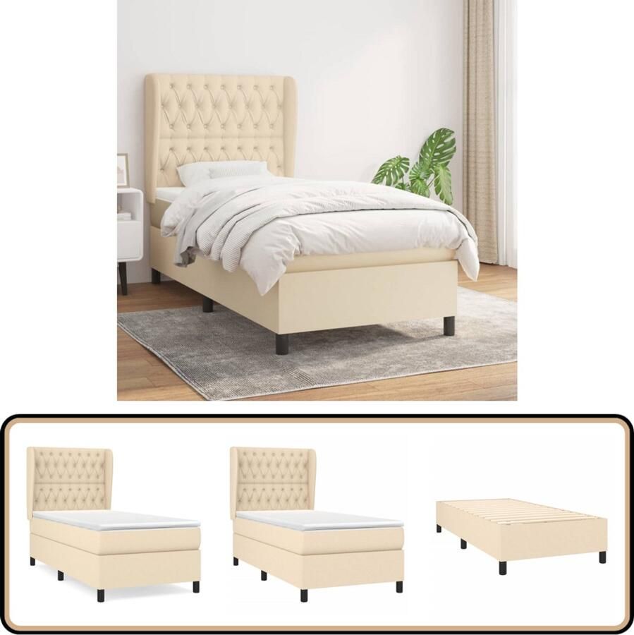 VidaXL Boxspring crème 90x190 cm Inclusief Matras Boxspringbed Boxsprings Creme Kleurig Bed Tweepersoonsbed Stapelbare Bedden Houten Bed Frame Pocketed Spring Mattress Adjustable Headboard