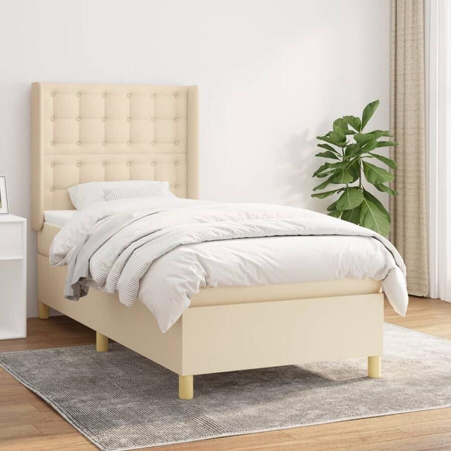 VidaXL Boxspring Crème 90x190 cm Inclusief Matras Boxspringbed Cremekleurig Verstelbare Hoofdbord Pocketvering Matras Middelhard Huidgevend Slaapkamer Meubilair - Foto 2