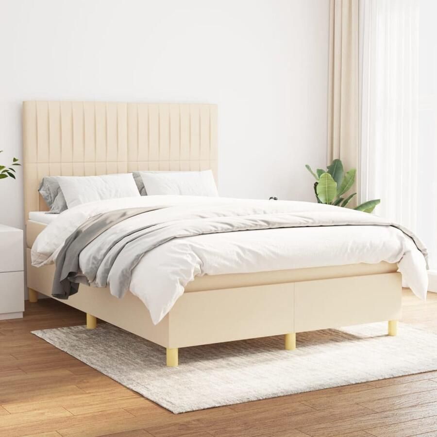 VidaXL Boxspring Crème Inclusief Matras 140x190 cm Boxspringbed Boxspring Bed Creme Kleurig Tweepersoonsbed Pocketed Veren Matras Middelhard Matras Hoofdbord Bedroom Furniture - Foto 2