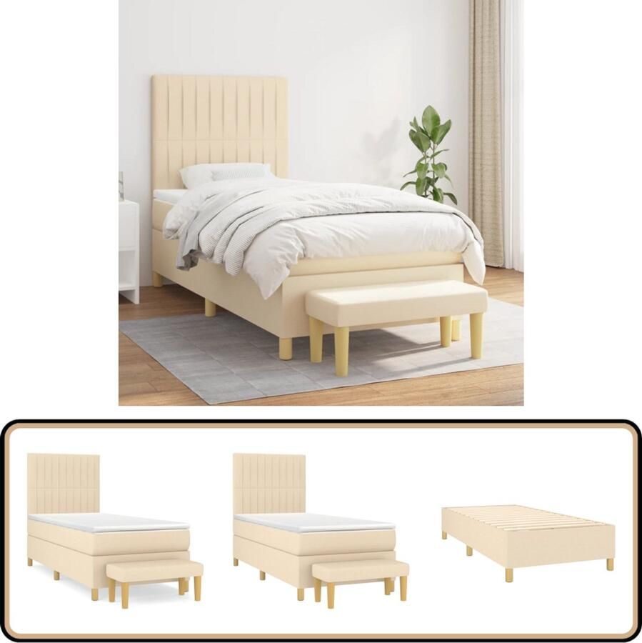 VidaXL Boxspring Crème Inclusief Matras en Bankje Boxspring Boxspringbed Slaapcomfort Creme Kleur Pocketed Veren Adjustable Headboard Stapelbare Bancontact