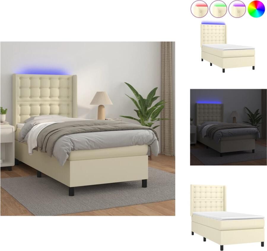 VidaXL Boxspring Crème Kunstleer 203x103x118 128 cm Verstelbaar hoofdbord Kleurrijke LED-verlichting Bed