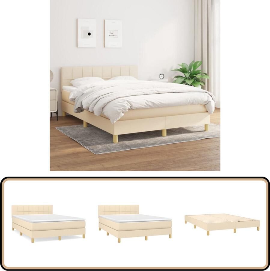 VidaXL Boxspring crèmekleurig 140x200 cm Boxspringbed Boxsprings Creme Kleur Tweepersoonsbed Slaapkamer Meubels Bed Met Hoofdbord Pocketed Veren Matras