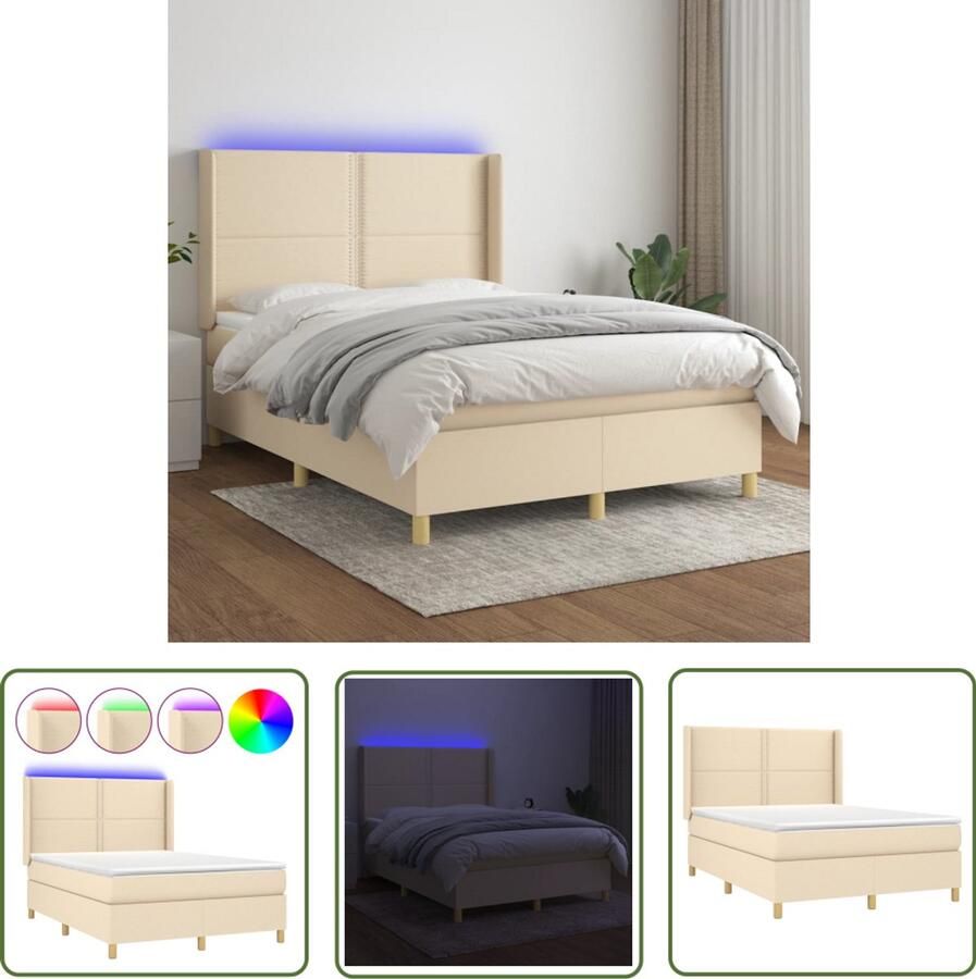 VidaXL Boxspring crèmekleurig 140x200 cm LED Boxspring Bed Slaapcomfort Led Verlichting Creme Kleurig Pocketed Veren Luxe Bed Bedroom Furniture - Foto 2