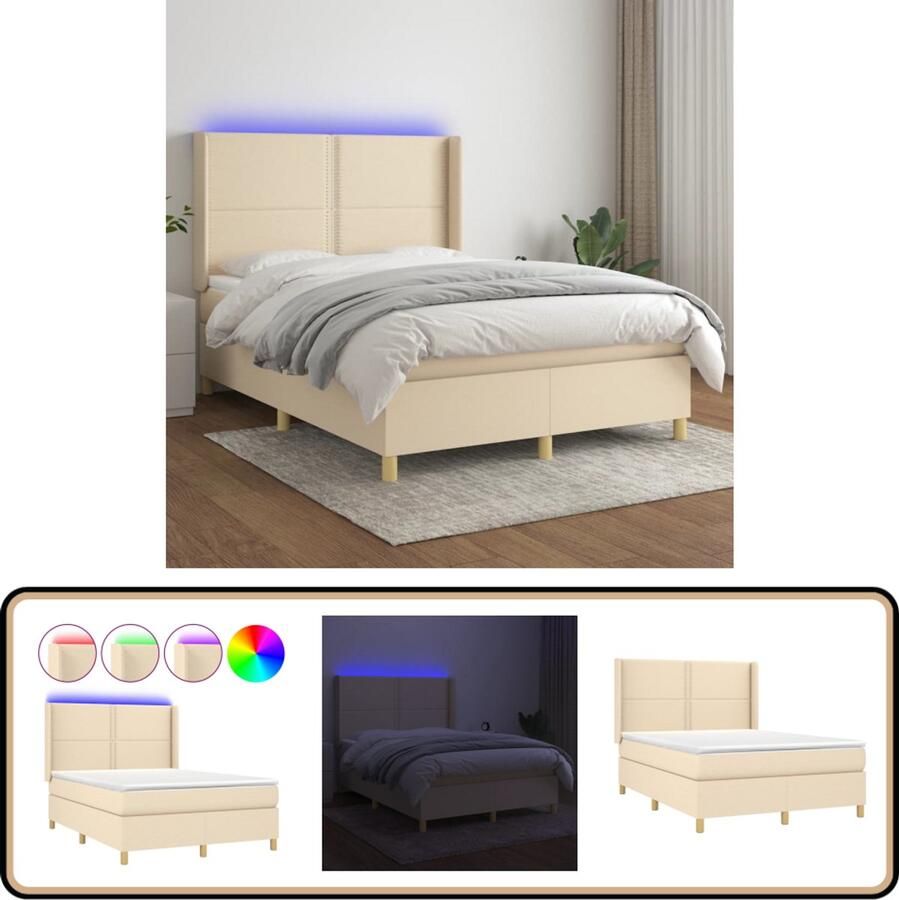VidaXL Boxspring crèmekleurig 140x200 cm LED Boxspring Bed Slaapcomfort Led Verlichting Creme Kleurig Pocketed Veren Luxe Bed Bedroom Furniture