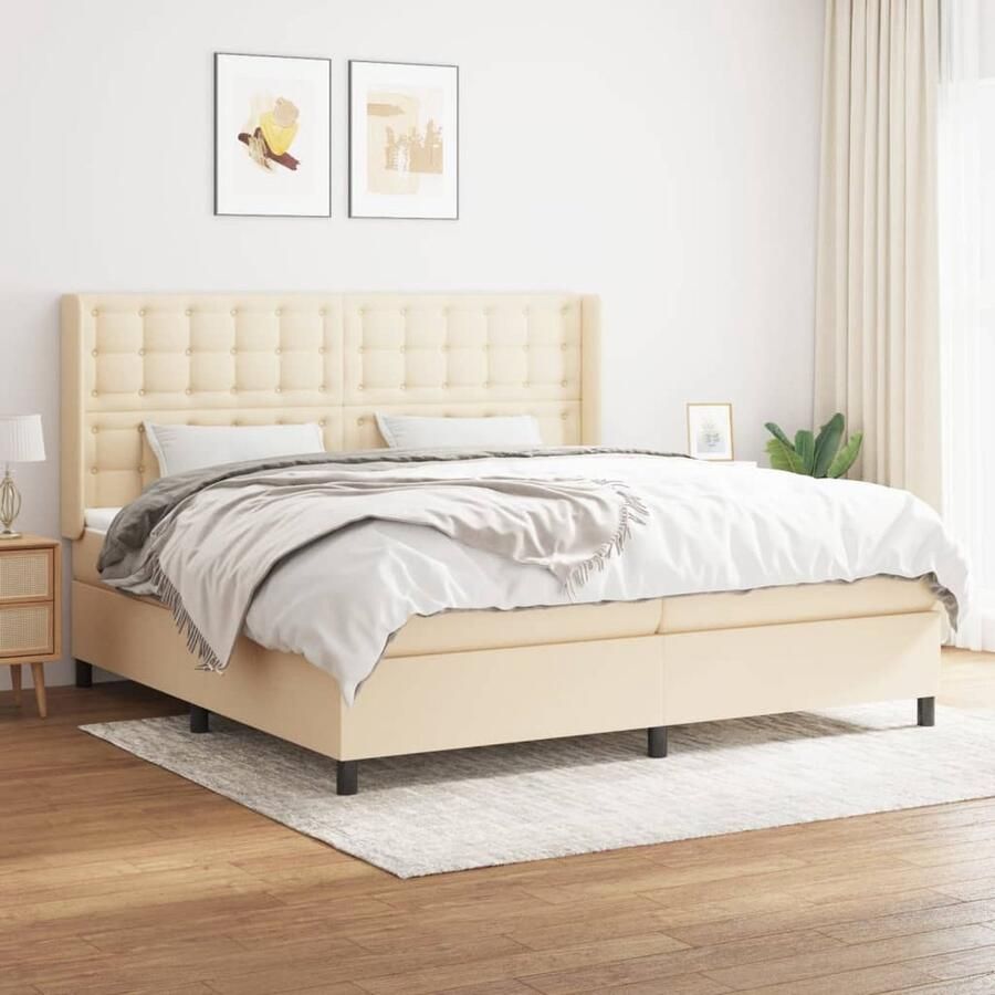 VidaXL Boxspring Crèmekleurig 200x200 cm Boxspringbed Boxspring Bed Slaapkamerinrichting Tweepersoonsbed Cremekleurig Bed Verstelbare Hoofdbord Pocketveermatras Middelhard Matras - Foto 2