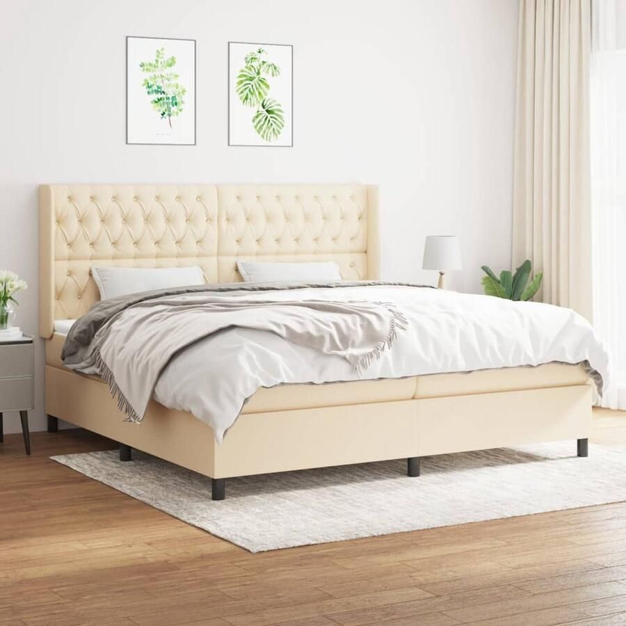 VidaXL Boxspring crèmekleurig 200x200 cm Boxspringbed Boxspring Creme Kleur Tweepersoonsbed Pocketed Veren Matras Middelhard Matras Hoofdbord - Foto 2