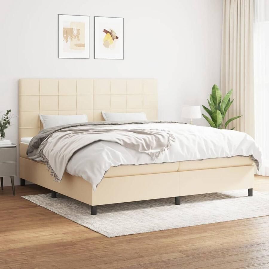 VidaXL Boxspring crèmekleurig 200x200 cm Boxspringbed Boxsprings Slaapkamerinrichting Tweepersoonsbed Cremekleurig Bed Pocketed Spring Mattress Middenhard Matras - Foto 2