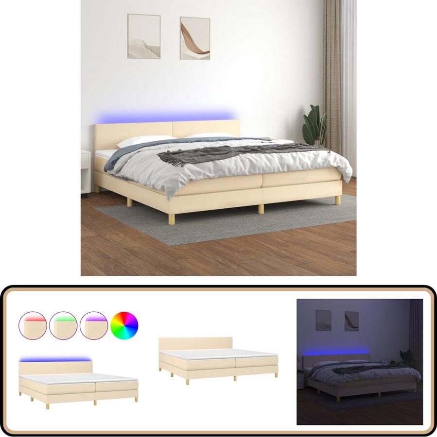 VidaXL Boxspring crèmekleurig 200x200 cm LED Boxspring Bed Led Bed Creme Bed Pocketed Spring Mattress Adjustable Headboard Bedroom Furniture